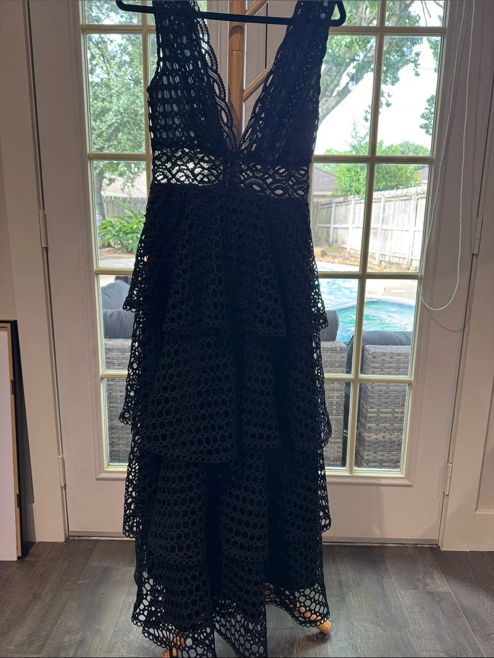 Fashion Nova Black Crochet Tiered V-Neck Dress - Picture 2 of 4